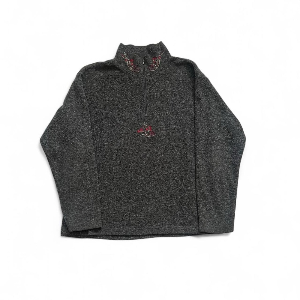 Victoria's Secret Country Fleece Pullover/1/4 Zip-Gray/Embroidered Rose-Sz L-Vtg